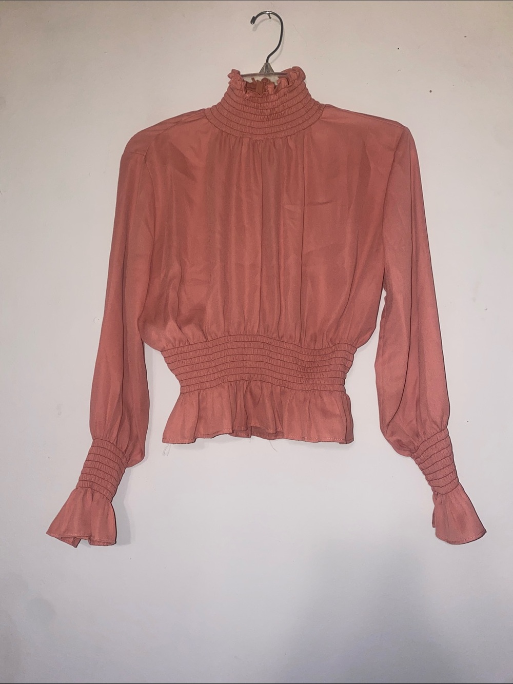 Shinestar Coral Pink Smocked High-Neck Blouse